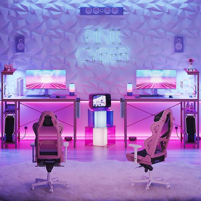 Bestier Pink Gaming Desk with Power Outlets, 44 Inch Led Gamer Desk with 4 Tiers Reversible Shelves, Pink Computer Desk with Headset Hook & Side Storage Bag for Bedroom (Pink 3D Carbon Fiber) - LeafyLoom