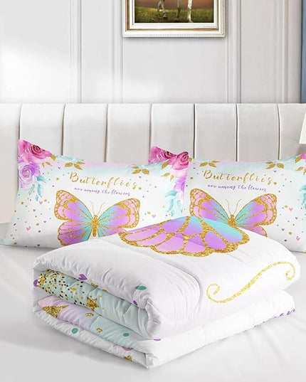 CVHOUSE Butterfly Bedding Set,Butterfly Comforter King,Butterfly Comforter Set for Girls Kids Teens,Butterflies Quilt Set with 1 Comforter and 2 Pillow Cases- 3 Piece - LeafyLoom