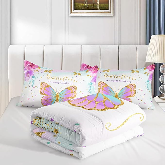 CVHOUSE Butterfly Bedding Set,Butterfly Comforter King,Butterfly Comforter Set for Girls Kids Teens,Butterflies Quilt Set with 1 Comforter and 2 Pillow Cases- 3 Piece - LeafyLoom
