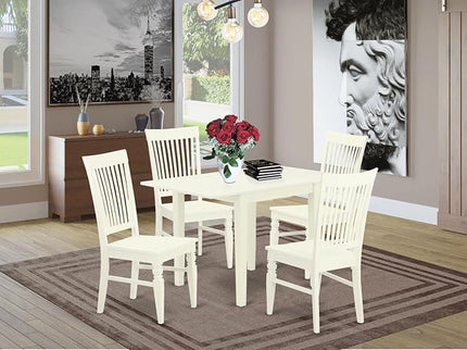 East West Furniture Norden 5 Piece Room Set includes a Rectangle Dining Table with Dropleaf and 4 Wood Seat Chairs, 30x48 Inch, NDWE5-LWH-W - LeafyLoom