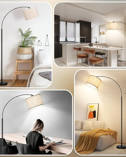 Arc Floor Lamps for Living Room, Modern Standing Lamp with Adjustable Hanging Drum Shade, 79'' Black Tall Pole Lamp with Weighted Base & Edison E26 Socket, Corner Light for Reading Bedroom Office - LeafyLoom