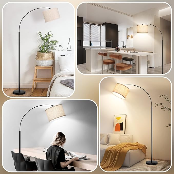 Arc Floor Lamps for Living Room, Modern Standing Lamp with Adjustable Hanging Drum Shade, 79'' Black Tall Pole Lamp with Weighted Base & Edison E26 Socket, Corner Light for Reading Bedroom Office - LeafyLoom