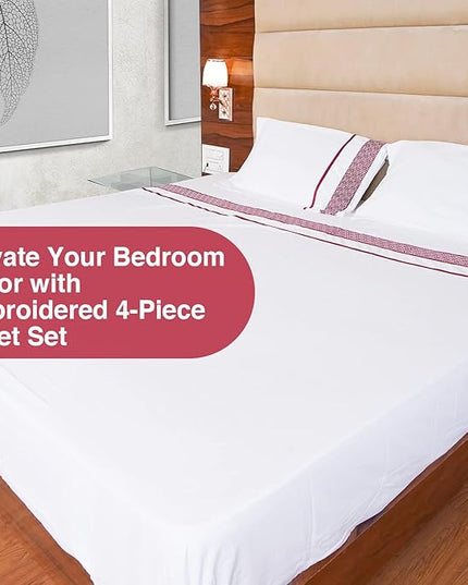100% Egyptian Cotton Sheets King Size Sheets Set, Luxury Deep Pocket King Sheets, 1000 Thread Soft & Ultra Smooth, 4 Pc Bedding Sheets & Pillowcases, Cool Durable - Burgundy Embroidered White Sheets - LeafyLoom