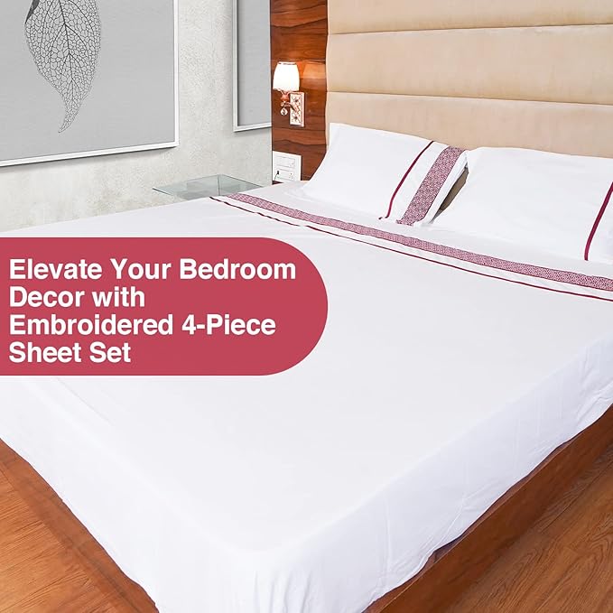 100% Egyptian Cotton Sheets King Size Sheets Set, Luxury Deep Pocket King Sheets, 1000 Thread Soft & Ultra Smooth, 4 Pc Bedding Sheets & Pillowcases, Cool Durable - Burgundy Embroidered White Sheets - LeafyLoom