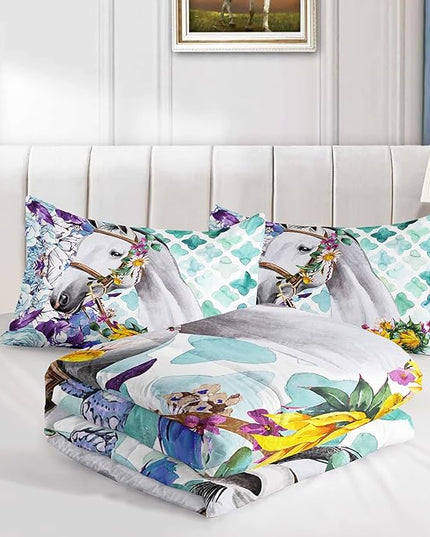 Kid Sunflower Horse Comforter Set 3Pcs Rose Butterfly Retro Horse Bedding Set for Boys Girls Adult, 1 Comforter + 2 Pillowcases - LeafyLoom
