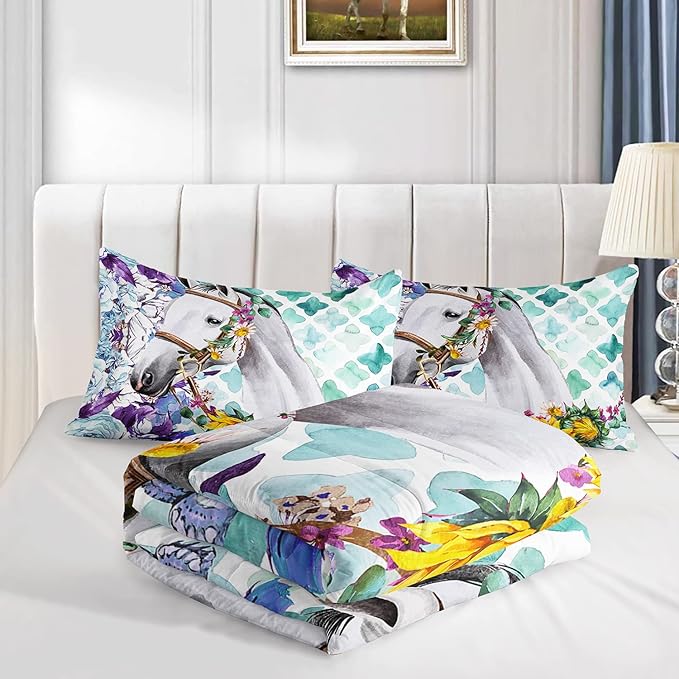 Kid Sunflower Horse Comforter Set 3Pcs Rose Butterfly Retro Horse Bedding Set for Boys Girls Adult, 1 Comforter + 2 Pillowcases - LeafyLoom