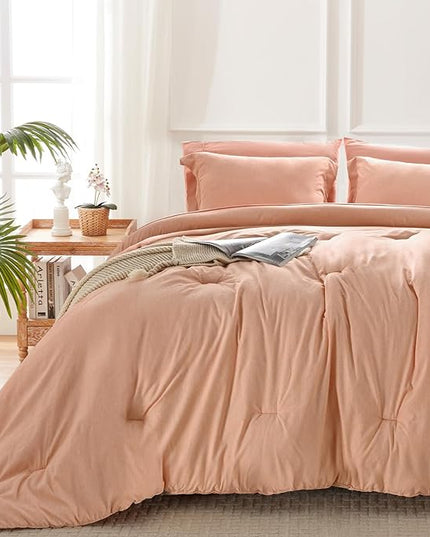 UNILIBRA Queen Comforter Set 7 Pieces Bed in a Bag - Orange Queen Soft Bedding Set for All Seasons - Cationic Dyeing Bed Comforter Sets with Comforter, Flat Sheet, Fitted Sheet, Pillowcases & Shams - LeafyLoom