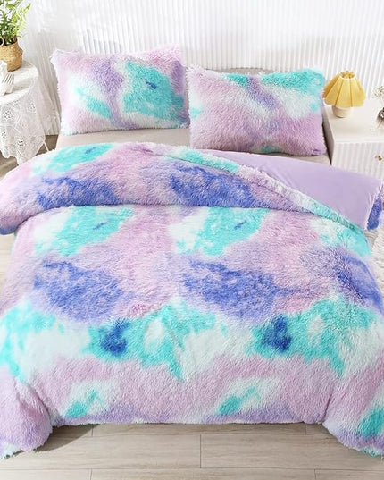 WINLIFE Shaggy Bedding Comforter Set Faux Fur Flannel Furry Comforter Microfiber Plush Comforter Sets Pastel Gradient Ombre Tie Dye MultiColor Bedding for Girls Adults (3Pcs, Full, Teal Purple) - LeafyLoom