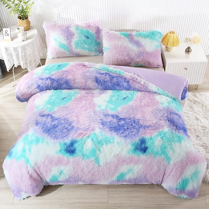 WINLIFE Shaggy Bedding Comforter Set Faux Fur Flannel Furry Comforter Microfiber Plush Comforter Sets Pastel Gradient Ombre Tie Dye MultiColor Bedding for Girls Adults (3Pcs, Full, Teal Purple) - LeafyLoom