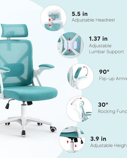 SEATZONE Office Chair, Ergonomic Desk Chair with Adjustable Headrest,Lumbar Support, High Back Mesh Computer Chair with Wheels and Flip-up Armrests,Executive Chairs (Blue-Green) - LeafyLoom