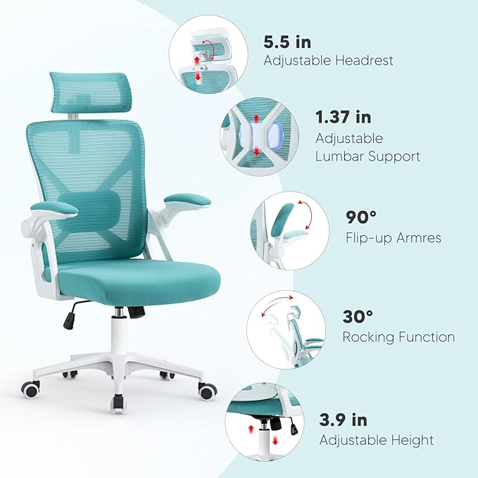 SEATZONE Office Chair, High Back Ergonomic Desk Chair Mesh Computer Chair with Adjustable Lumbar Support and Headrest, Swivel Task Chair with Flip-up Armrests for Home Office,Lake Blue - LeafyLoom