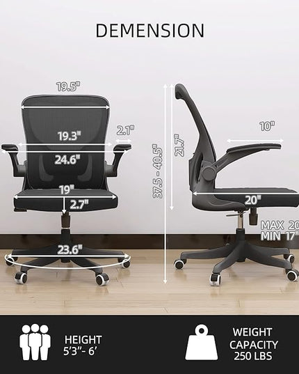 Office Chair, Ergonomic Office Chair Desk Chair with Lumbar Support & 2D Flip-up Arms Height Adjustable Home Office Desk Chairs Rockable High Back Computer Chair Black Mesh Study Chair - LeafyLoom
