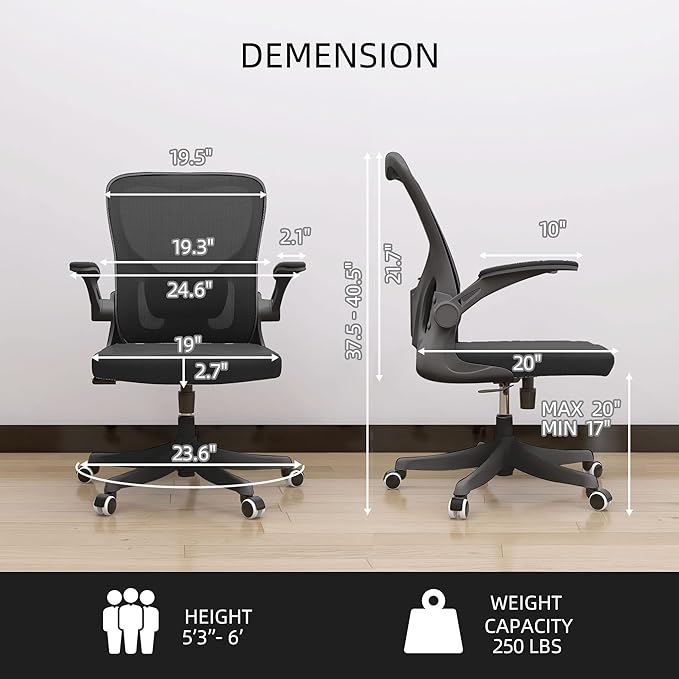 Office Chair, Ergonomic Office Chair Desk Chair with Lumbar Support & 2D Flip-up Arms Height Adjustable Home Office Desk Chairs Rockable High Back Computer Chair Black Mesh Study Chair - LeafyLoom