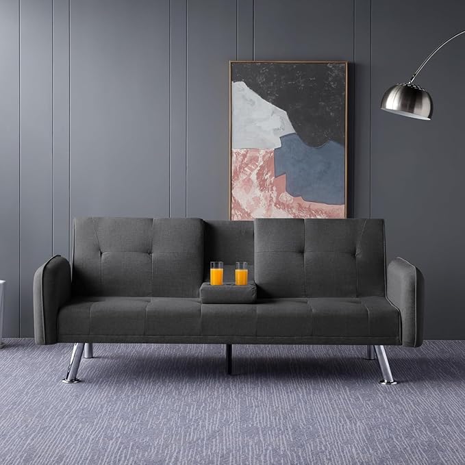 74.8" Living Room Furniture Sets Modern Tufted Loveseat Sofa Convertible Folding Futon Sleeper Couchbed with Cup Holder/Removable Armrests/Adjusting Backrest for Apartment,Office,Dark Grey Sofá - LeafyLoom