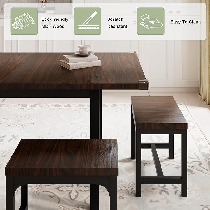 Feonase 7-Piece Dining Table Set with 6 Stools, 63" Large Extendable Kitchen Table Set for 4-8, Mid-Century Dining Room Table with Heavy-Duty Frame, Easy Assembly, Espresso - LeafyLoom