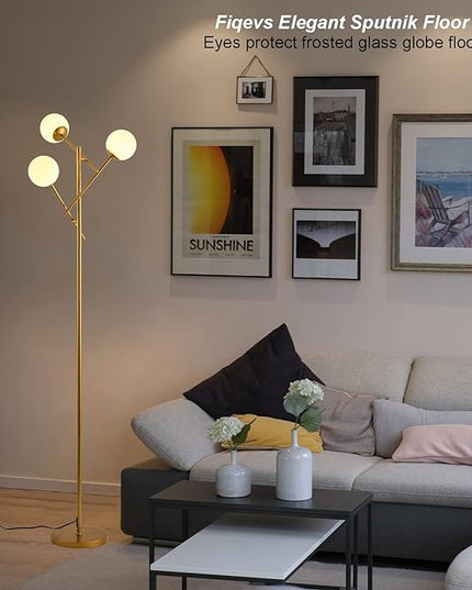 Sputnik 3 Globe Mid Century Floor Lamp Modern Gold, 3 Lights Standing Lamp with Frosted Glass Shade and Bulbs Included, LED Tall Floor Light for Living Room, Bedroom, Office - Antique Brass - LeafyLoom