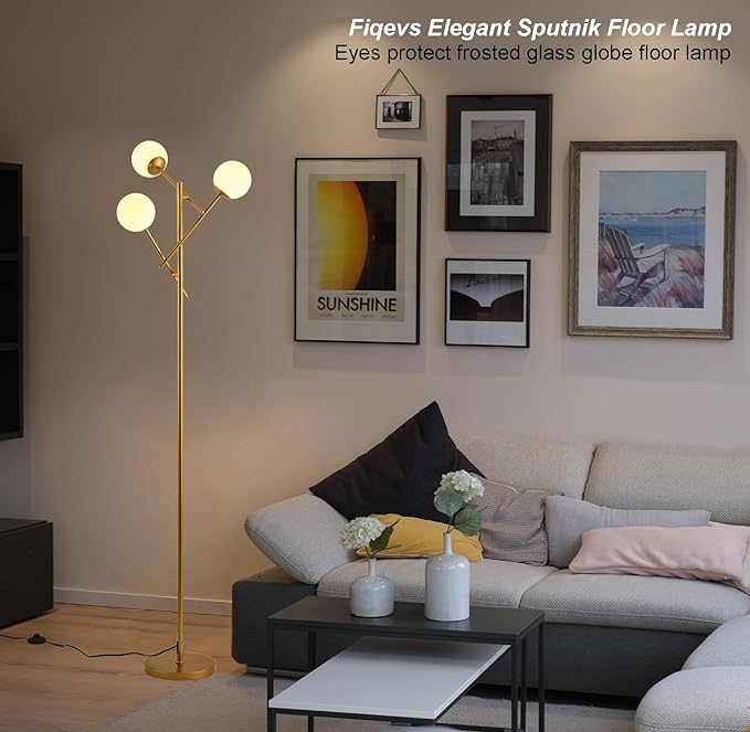 Sputnik 3 Globe Mid Century Floor Lamp Modern Gold, 3 Lights Standing Lamp with Frosted Glass Shade and Bulbs Included, LED Tall Floor Light for Living Room, Bedroom, Office - Antique Brass - LeafyLoom