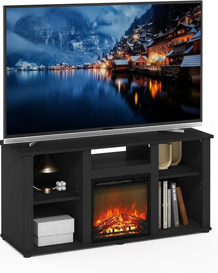 Furinno Jensen Fireplace TV Entertainment Center with Open Storage Compartment for TV up to 55 Inch, Americano - LeafyLoom