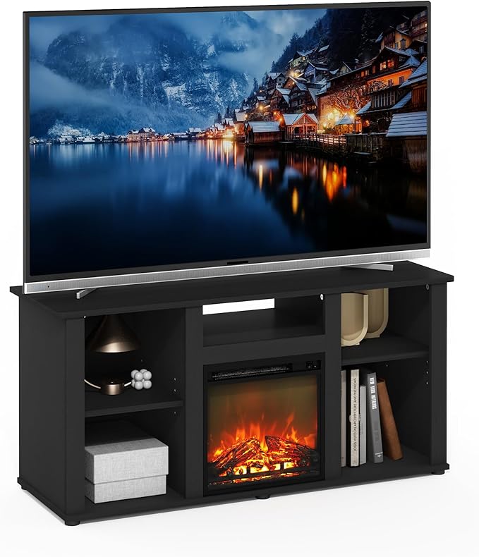 Furinno Jensen Fireplace TV Entertainment Center with Open Storage Compartment for TV up to 55 Inch, Americano - LeafyLoom