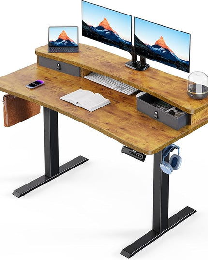 HUANUO 48″ x 24″ Electric Standing Desk with 2 Drawers, C-Clamp Mount Compatible, Height Adjustable Computer Desk, Home Office Stand Up Desk with 4 Preset Heights & 2 Hooks, Vintage Brown - LeafyLoom