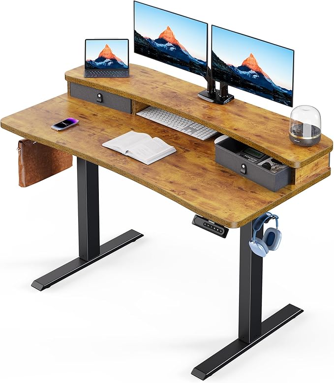 HUANUO 48″ x 24″ Electric Standing Desk with 2 Drawers, C-Clamp Mount Compatible, Height Adjustable Computer Desk, Home Office Stand Up Desk with 4 Preset Heights & 2 Hooks, Vintage Brown - LeafyLoom