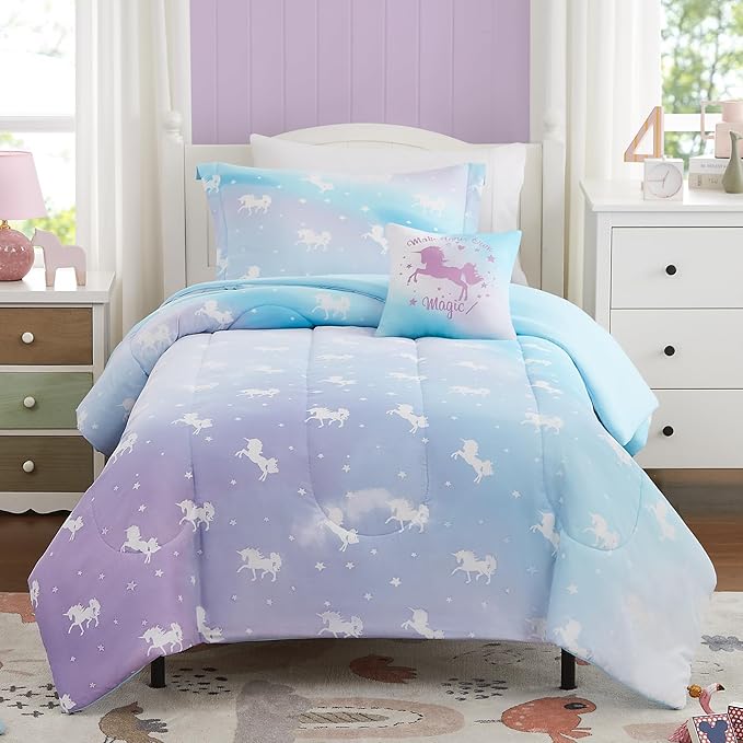 KALEIDOSPACE Kids Full Comforter Sets for Girls, Glow in The Dark Unicorn Full Size Bedding Sets -4 Pieces Lightweight Bed in A Bag - LeafyLoom