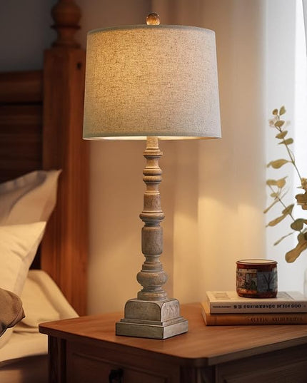 Oneach 27.75" Vintage Farmhouse USB Table Lamps Set of 2 for Living Room Bedroom Traditional Bedside Nightstand Lamp with Dual USB Port Resin Table Lamp with Rotary Switch for Living Room Bedroom - LeafyLoom