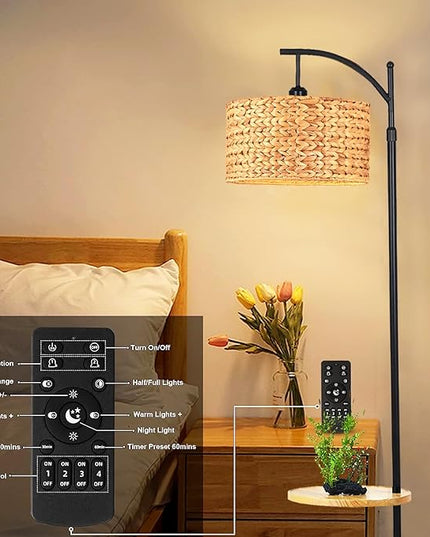 Rattan Floor Lamp for Living Room Bedroom with Table Shelves,Boho Arc Floor Lamps with Remote Dimmable Farmhouse Wood Shelf Attached Standing Lamp Wicker Bamboo Tall Lamp Floor Light Bohemian - LeafyLoom
