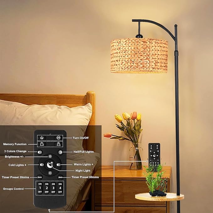 Rattan Floor Lamp for Living Room Bedroom with Table Shelves,Boho Arc Floor Lamps with Remote Dimmable Farmhouse Wood Shelf Attached Standing Lamp Wicker Bamboo Tall Lamp Floor Light Bohemian - LeafyLoom