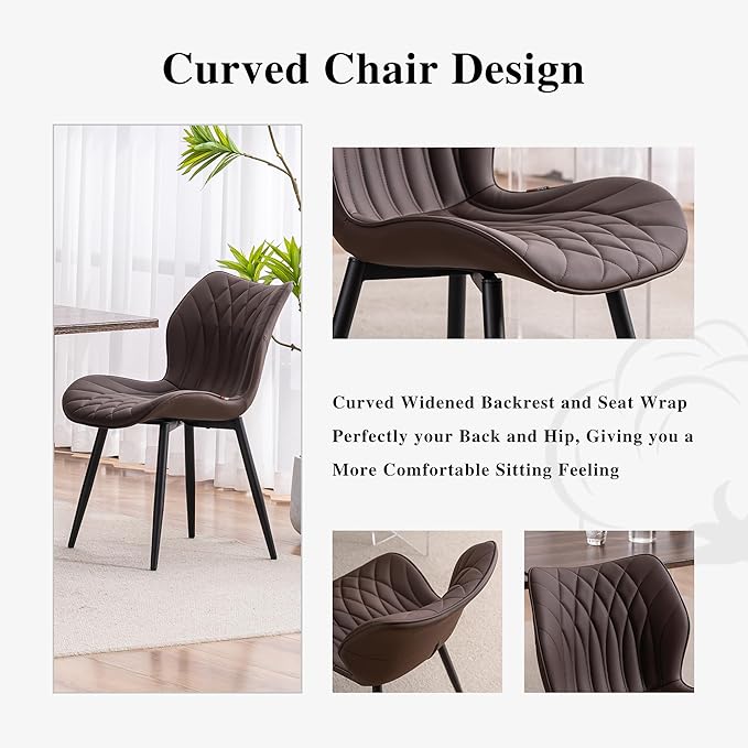YOUNIKE Dining Chairs Set of 2, Upholstered Leather Dining Room Chairs, Modern Kitchen Chairs Living Room Bedroom Side Chairs with Wide Curved Back and Adjustable Metal Legs, Espresso Brown - LeafyLoom