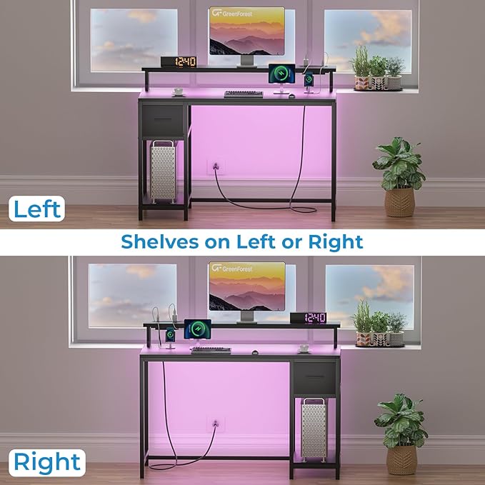 GreenForest Computer Desk with Drawers 47 inch,Gaming Desk with LED Lights & Power Outlets Small Desk with Monitor Stand and Reversible Shelf,Black - LeafyLoom