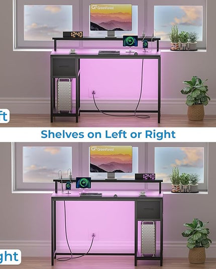 GreenForest Computer Desk with Drawers 39 inch,Gaming Desk with LED Lights & Power Outlets Small Desk with Monitor Stand and Reversible Shelf,Black - LeafyLoom