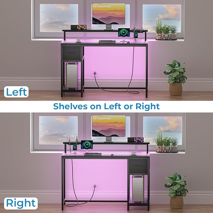 GreenForest Computer Desk with Drawers 39 inch,Gaming Desk with LED Lights & Power Outlets Small Desk with Monitor Stand and Reversible Shelf,Black - LeafyLoom