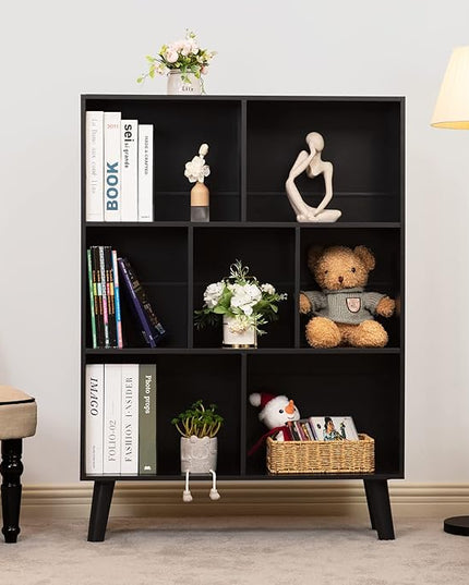 YAHARBO Black Bookshelf,3 Tier Modern Bookcase with Legs,Bookshelves Wood Storage Shelf, Open Book Shelves Cube Organizer,Freestanding Short Bookcases - LeafyLoom