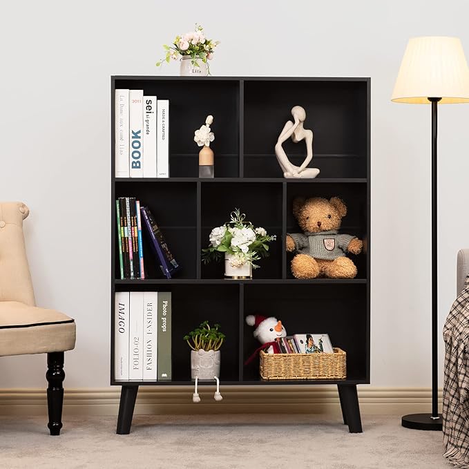 YAHARBO Black Bookshelf,3 Tier Modern Bookcase with Legs,Bookshelves Wood Storage Shelf, Open Book Shelves Cube Organizer,Freestanding Short Bookcases - LeafyLoom