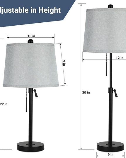Bedside Table Lamps Set of 2: Tall Table Lamps for Living Room 22" to 30" Height Adjustable Black Bedroom Nightstand Lamps | 3-Way Dimmable with Pull Chain Switch End Table Lamp for Office Farmhouse - LeafyLoom