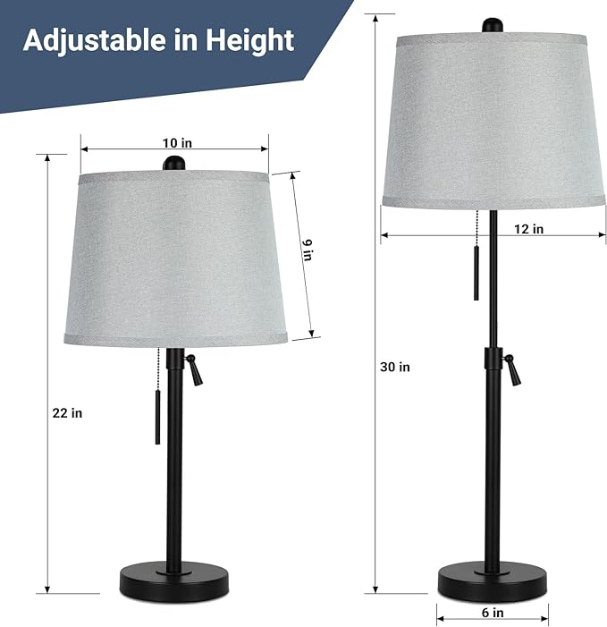 Bedside Table Lamps Set of 2: Tall Table Lamps for Living Room 22" to 30" Height Adjustable Black Bedroom Nightstand Lamps | 3-Way Dimmable with Pull Chain Switch End Table Lamp for Office Farmhouse - LeafyLoom