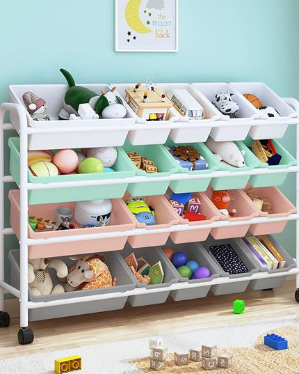 Kids Toy Storage Organizer with 20 Plastic Bins, 4-Tier Metal Toy Storage Rack, Extra Large Toy Organizer and Storage Bins for Kids Room, Playroom and Nursery, Multi-Color - LeafyLoom