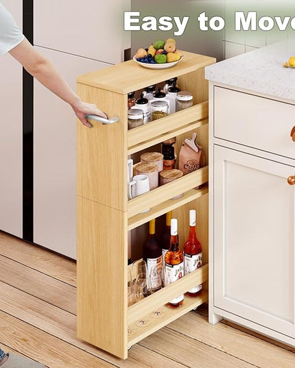 MARTY Rolling Storage Cart 7.9" W, 4-Tier Narrow Kitchen Cart on Wheels Laundry Room Organization with Handle Mobile Shelving Utility Cart Multi-Functional Trolley for Kitchen Bathroom (Maple) - LeafyLoom