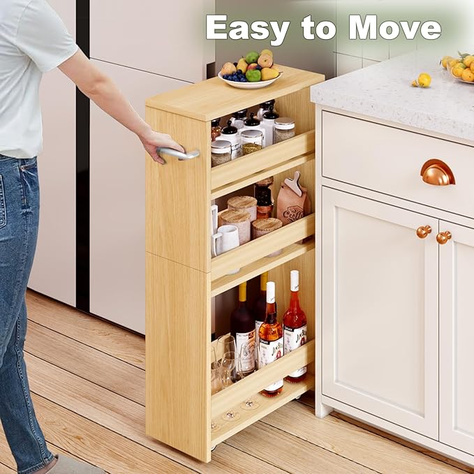 MARTY Rolling Storage Cart 7.9" W, 4-Tier Narrow Kitchen Cart on Wheels Laundry Room Organization with Handle Mobile Shelving Utility Cart Multi-Functional Trolley for Kitchen Bathroom (Maple) - LeafyLoom
