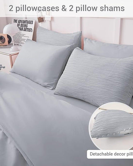 8 Piece Woven Texture Grey Comforter Queen Size, Bed in A Bag Bedding Sets Queen with Comforter and Sheets, Soft Lightweight Comforter Set with Deocor Throw Pillow, Grey - LeafyLoom