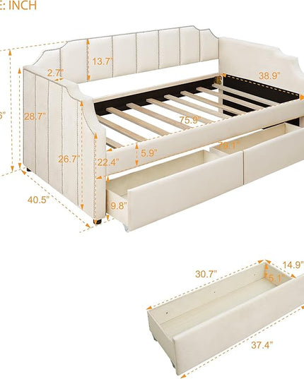 Twin Size Velvet Upholstered Daybed with Drawers, Solid Wood Sofa Bed w/Vertical Stripes Designed Backrest and Pine Legs, for Living Room, Bedroom, Dorm, No Box Spring Needed, Beige - LeafyLoom
