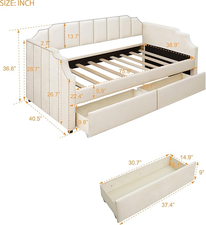 Twin Size Velvet Upholstered Daybed with Drawers, Solid Wood Sofa Bed w/Vertical Stripes Designed Backrest and Pine Legs, for Living Room, Bedroom, Dorm, No Box Spring Needed, Beige - LeafyLoom