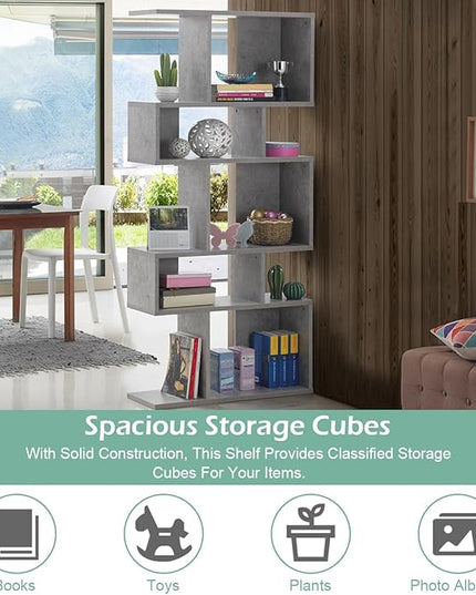 Giantex 5-Tier Geometric Bookshelf Set of 2, 70'' Tall Wood Freestanding Decorative Display Open Shelves with Anti-Tipping Device, Each Shelf Holds up to 44 lbs, Wooden S Shaped Bookcase, Gray - LeafyLoom