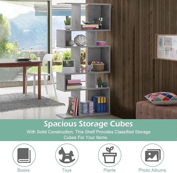 Giantex 5-Tier Geometric Bookshelf Set of 2, 70'' Tall Wood Freestanding Decorative Display Open Shelves with Anti-Tipping Device, Each Shelf Holds up to 44 lbs, Wooden S Shaped Bookcase, Gray - LeafyLoom