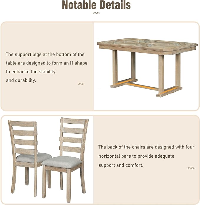 6-Piece Rubber Wood Dining Table Set with Beautiful Grain Pattern Tabletop Solid Wooden Veneer and Soft Cushion Chairs, for Kitchen, Diningroom, Living Room, Home Bar, Natural+Grey - LeafyLoom