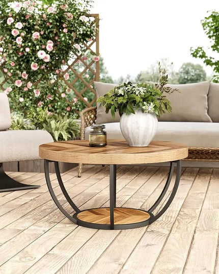 Round Coffee Table, 32" Circle Coffee Table for Living Room, 2-Tier Wood Accent Center Table with Open Storage Industrial Design Home Furniture (Wood Grain and Black) - LeafyLoom