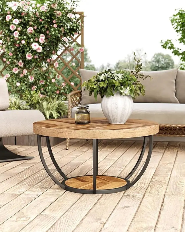 Round Coffee Table, 32" Circle Coffee Table for Living Room, 2-Tier Wood Accent Center Table with Open Storage Industrial Design Home Furniture (Wood Grain and Black) - LeafyLoom
