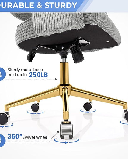 Office Desk Chair, Corduroy Ergonomic Office Chair with Wheels, Computer Swivel Rolling Chair, Comfy Vanity Desk Chairs for Bedroom, Living Room, Study, Light Grey - LeafyLoom