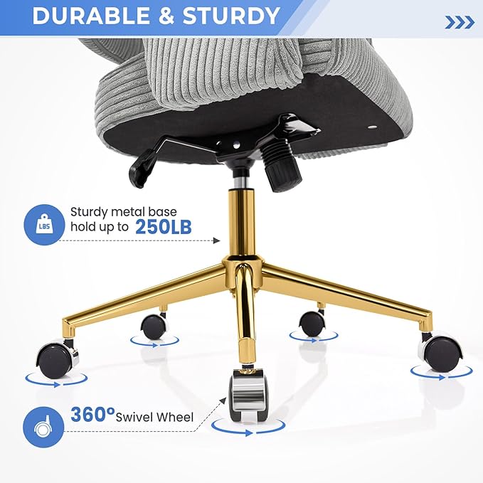 Office Desk Chair, Corduroy Ergonomic Office Chair with Wheels, Computer Swivel Rolling Chair, Comfy Vanity Desk Chairs for Bedroom, Living Room, Study, Light Grey - LeafyLoom